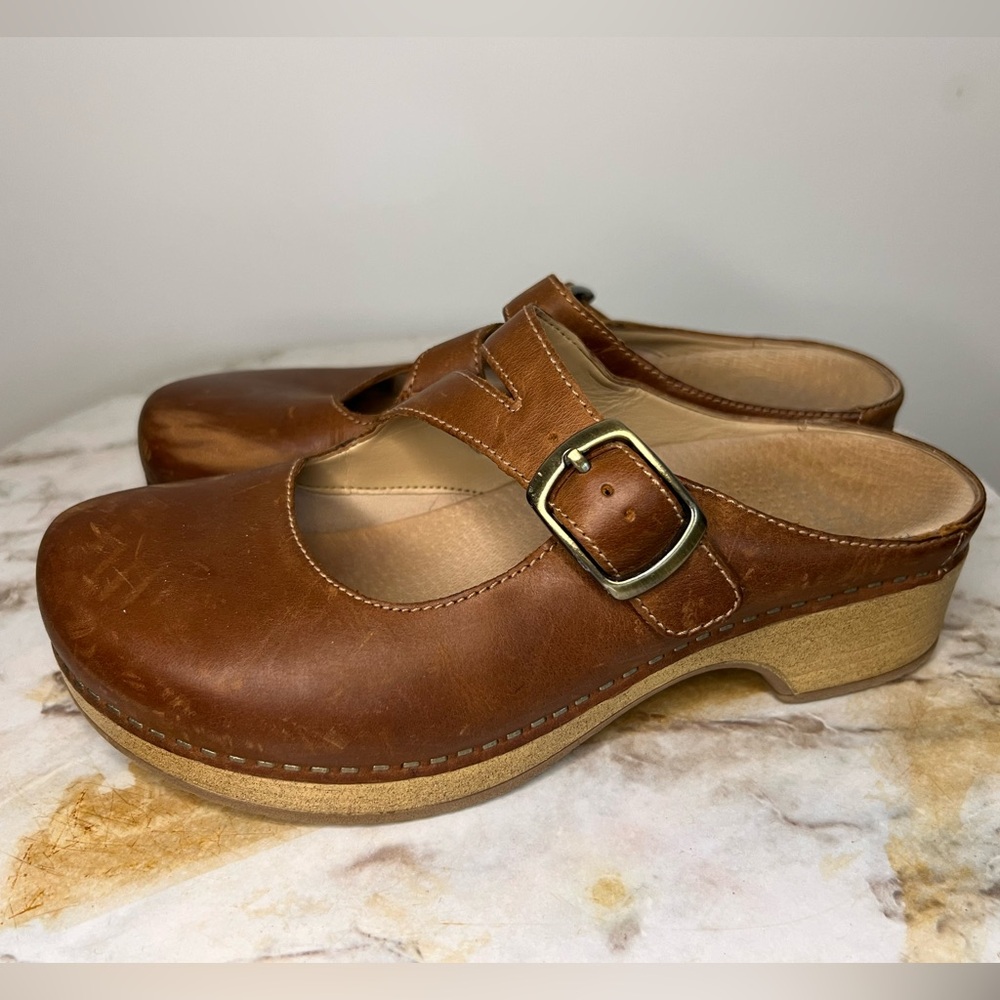 Dansko brown cognac leather upper Mary Jane clogs size 37